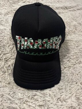 Thrasher Black Cap with Red Rose and Green Vine Logo